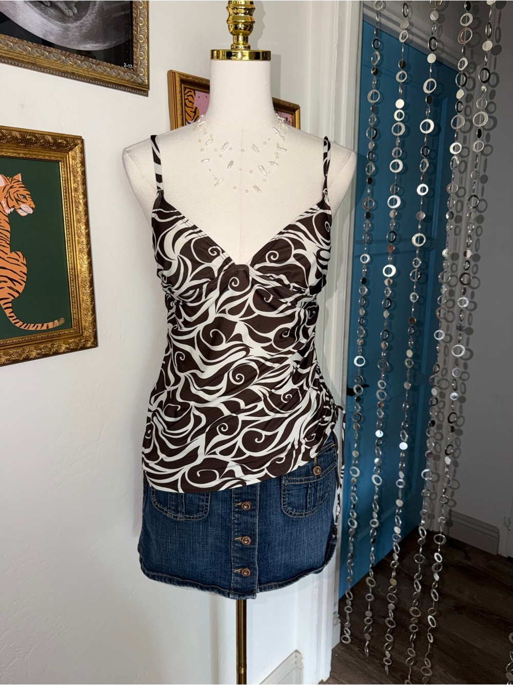 Y2K Brown & White Swirl Print Spaghetti Strap Tankini
